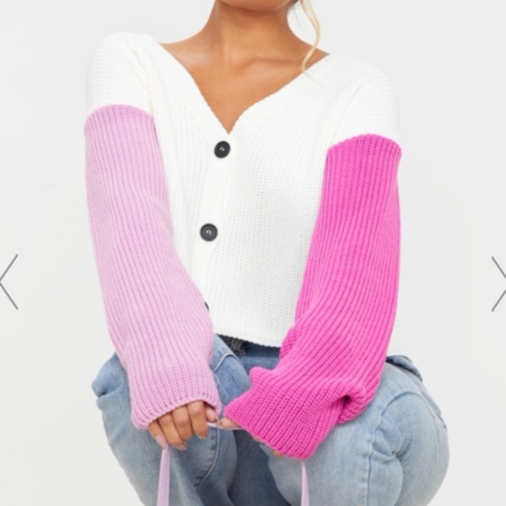Large PrettyLittleThing White and Pink Sleeve Colorblock Button-Up Cardigan Cozy - Picture 2 of 12